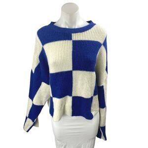 Pull & Bear Blue Cream Checkered Colorblock Long Sleeve Sweater Top Size L